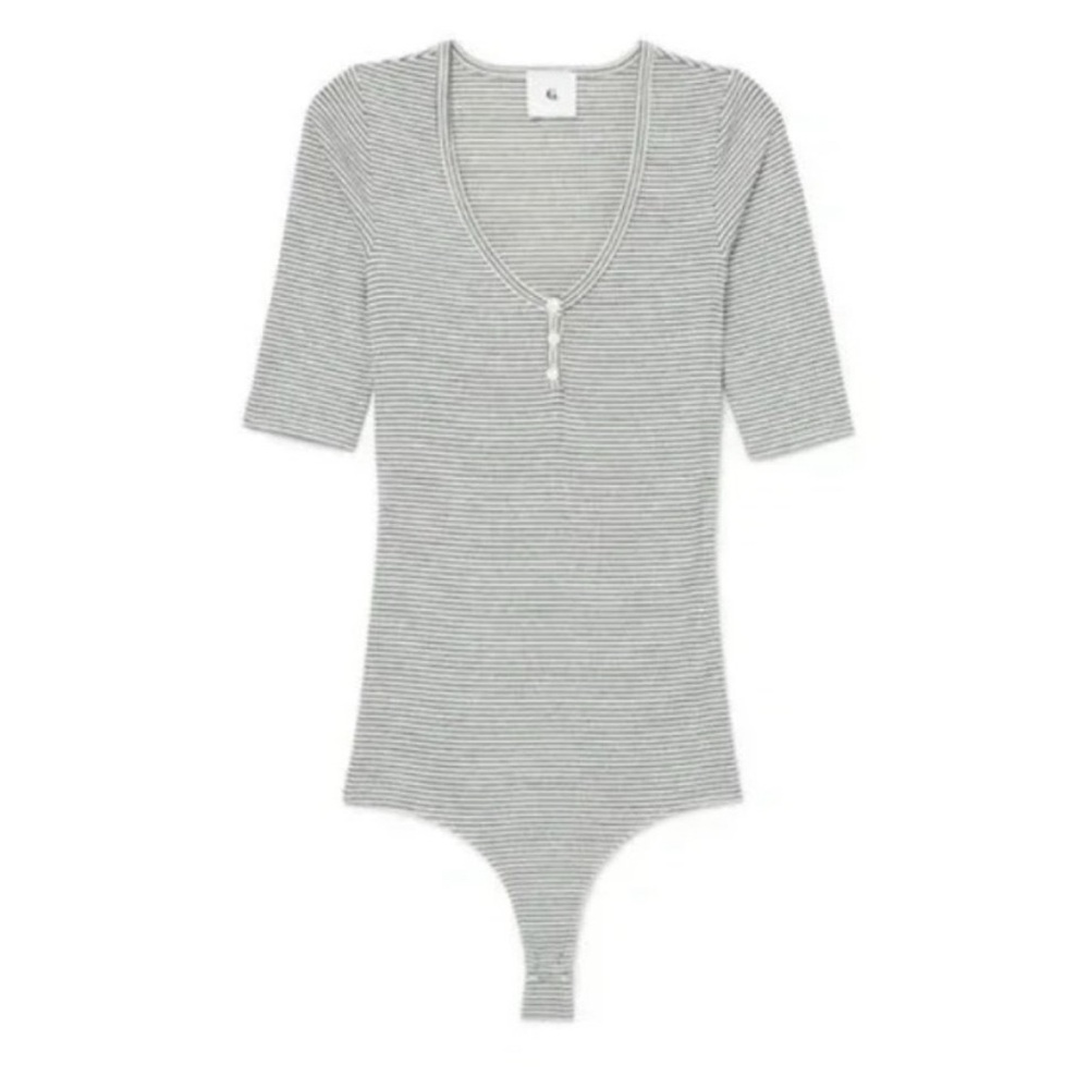 G. Label by Goop Annika Mid-Sleeve Henley Bodysuit Ivory/Navy Stripe Size Large
